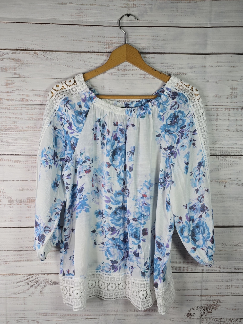 Zac & Rachel Floral Peasant Blouse Crochet Lace Trim Blue White Size M